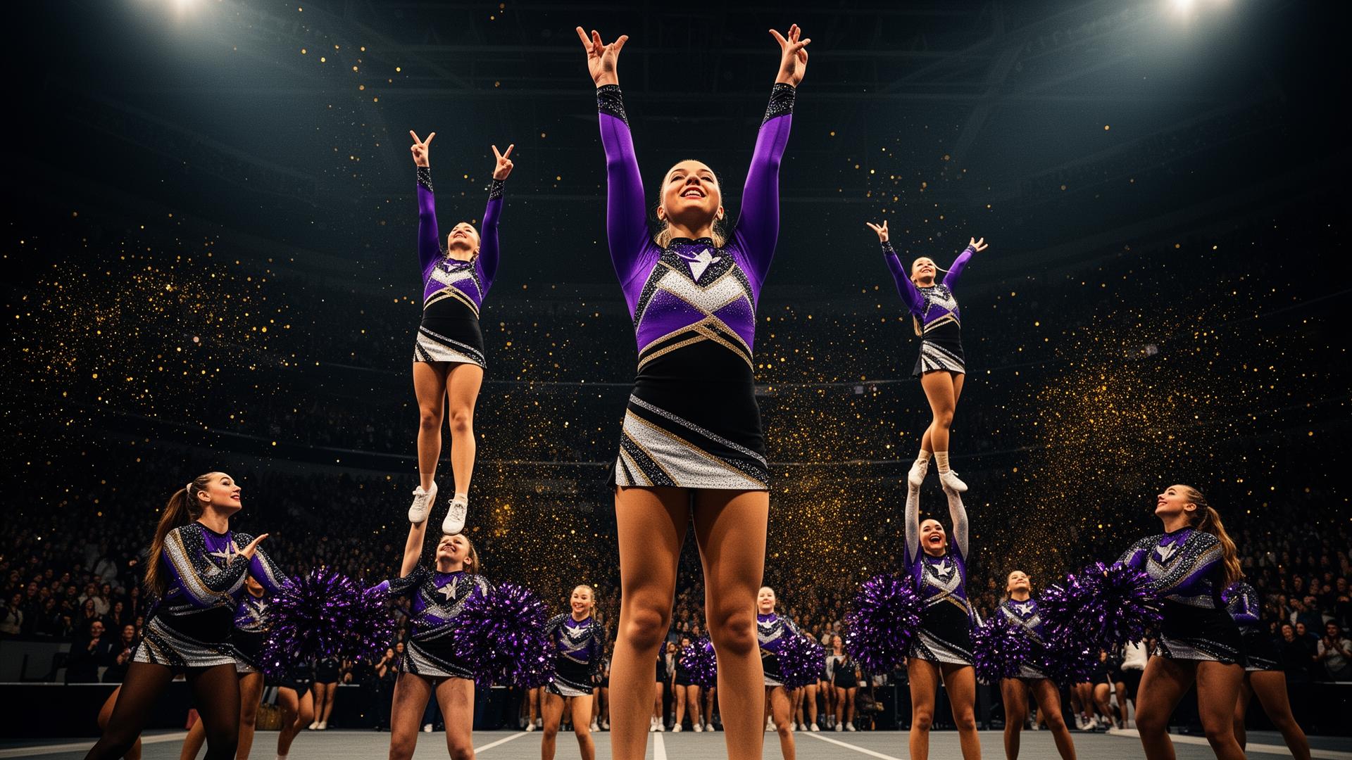 All star cheerleaders performing a stunt under arena lights